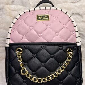 Betsey Johnson Pink and Black Quilted Backpack with Gold Chain